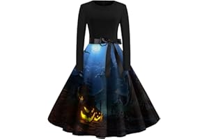 EZJOBLA Halloween Costumes for Women, Halloween Long Sleeve Round Neck Elegant Dress Halloween Party Dress Ladiess Bowknot A Line Dress Womens Halloween Outfits Prom Swing Printing Holiday Clothing