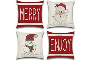 Artscope Zestaw 4 poszewek na poduszkę na Boże Narodzenie 50 x 50 cm, dekoracja mieszkania, lniana poduszka dekoracyjna ze wzorem Świętego Mikołaja i bałwana, poszewka na poduszkę na sofę