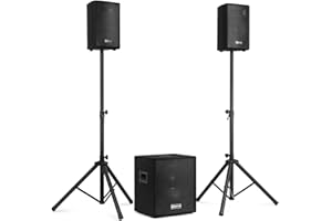 VONYX Power Dynamics VX0812BT Sonido 2.1 Activo con subwoofer 12 Pulgadas, 2 Altavoces 8 Pulgadas, Bluetooth, USB SD, 800W, trípodes, Ecualizador, moqueta Negra, Eventos y DJs móviles