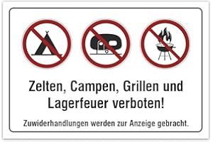 ‎KARTENMACHEN.DE Aluverbund Hinweis Schild 30x20cm Wetterfest Rostfrei Kratzfest UV beständig - Zelten Campen Grillen und Lagerfeuer verboten