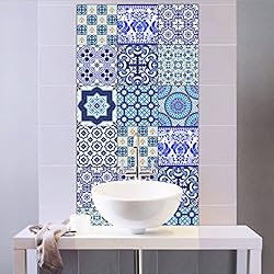 EXTSUD Set de 10 Pcs Sticker Carrelage Autocollant 20x20cm Carrelage Adhésif Mural Étanche pour Cusine Salle de Bain (Style Porcelaine Bleu et Blanc)