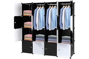 ALIGHTUP Armoire Penderie Modulable Portable Grande Capacité Storage avec Portes Étagère de Etagères Empilables Plastique Rangement Chambre Adultes pour Chaussures Vêtements Jouets Noir Blanc 16 Cubes