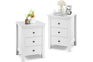 KOMFOTTEU Mesita de Noche con 3 Cajones, Mesilla Auxiliar de Almacenamiento para Dormitorio, Cómoda de Madera de Estilo Moderno, Mueble con Cajones para Salón, Pasillo, 46 x 37 x 65 cm (Blanco X 2)