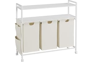 KIMENICH Corbeille à Linge 3 Compartiments, Panier à Linge Sale avec 2 Étagères de Rangement, Sac Latéral, Crochets, Bac à Linge à Roulettes Amovibles, Sacs à Linge Poignées avec Glissières, 3x46 L, Blanc