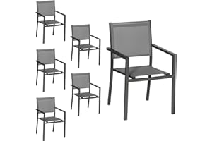 Happy Garden Lot de 6 chaises empilables en Aluminium Anthracite et textilène Gris