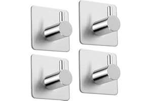 Koksi No Drill Hooks Stainless Steel Self-Adhesive Hanger, Use in Kitchens, Bathrooms, Hallways for Coats, Towels, Hats, Robes (4 Single Hooks)