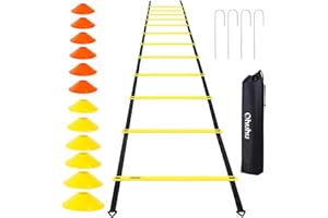 Ohuhu Ensemble d'entrainement pour échelle d'agilité Échelle de Vitesse de 12 Rangs （ensemble avec 12 cônes de Champ et 4 piquets）, équipement de Jeu de Pieds pour Les Exercices de Football (ensemble)