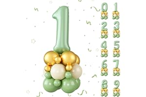 BIAPIAN Number 1 Balloon, 40 Inch Sage Green 1 Balloons Number 1 Birthday Balloons with Ribbon Metallic Gold Sage Green White Latex Balloons for Boys Girls 1st Birthday Party Anniversary Decorations
