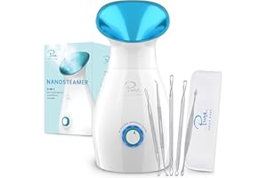 PURE DAILY CARE NanoSteamer Large 3-in-1 Nano Ionic Facial Steamer with Precise Temp Control - 30 Min Steam Time - Humidifier - Unclogs Pores - Blackheads - Spa Quality - Bonus 5 Piece Stainless Steel Skin Kit