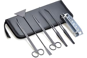 TOWEAR Kit 5 in 1 per acquario con forbici dritte e curve, spatola substrato, pinzette dritte e curve, set di attrezzi per piante acquatiche in acciaio inox, con supporto e custodia