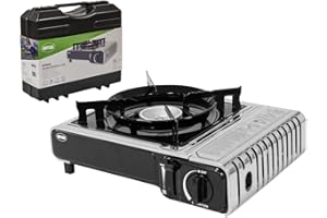 Amig - Hornillo Camping Gas - Cocina Portátil Camp01 - 2,2 kW Potencia - Parabrisas y Soporte Sartén - Certificación CE - Compatible Botellas CP 250 - Excursiones y Camping - Acero Inoxidable