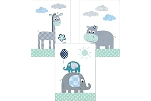 LALELU-Prints | A4 Bilder Kinderzimmer Poster | Zauberhafte Dschungel-Tiere mint | Babyzimmer Deko Junge Mädchen | 3er Set Kinderbilder (DIN A4 ohne Rahmen)
