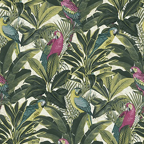 Grandeco Ideco Exotisch Vogel-muster Papagei Motiv Tropische Blätter Tapete - Rosa A11504