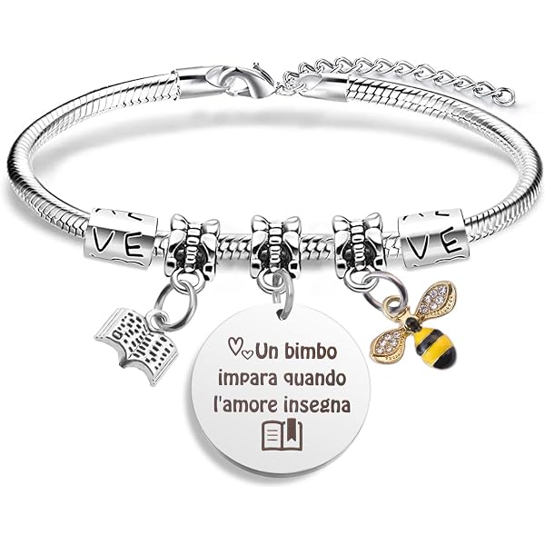 Bracciale Per Donna Con Ciondolo Inciso "Un Bimbo Impara Quando L'amore Insegna" - Regalo Per Maestre E Lauree In Acciaio