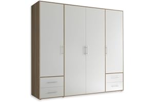 STELLA TRADING VALENCIA Armario en Roble Sonoma, Blanco - Armario versátil de 4 puertas con mucho espacio de almacenamiento para su dormitorio - 206 x 195 x 60 cm