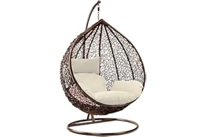 Holywarm Rattan Swing Egg Chair | Garden Hanging Chair with Stand & Cushion | Indoor Outdoor Hammock for Bedroom Balcony (Brown & White)