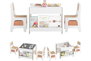 COSTWAY Juego de Mesa y Sillas Infantil, 4 en 1 Mesa de Actividades para Niños con Superficie Reversible, 2 Estantes para Libros y Cajas de Almacenaje (Natural,con Estante y Tablero Empalmado)