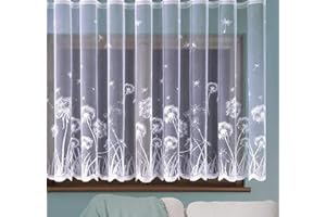 MforStyle White Net Curtain floral design DANDELIONS - READY TO HANG - HEMMED SIDES - Slot Top - WIDTH sold by the metres - DROP: 36" (91cm)