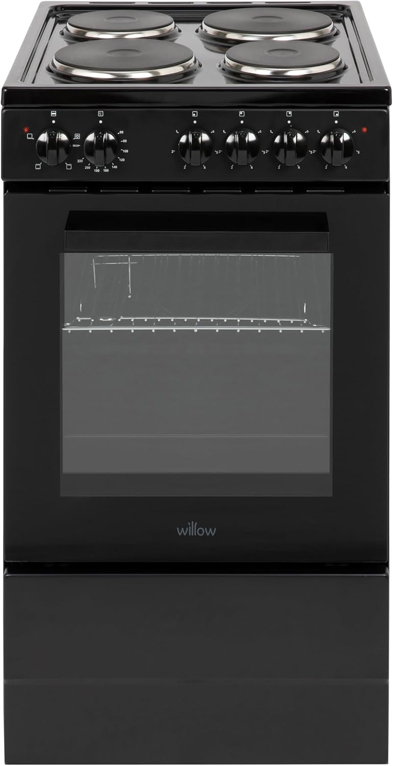 Willow WE50SSB 62L Freestanding Electric Cooker, 50cm Wide Single Cavity Cooker with Solid 4 Zone Plate Hob, 2 Year Warranty - Black