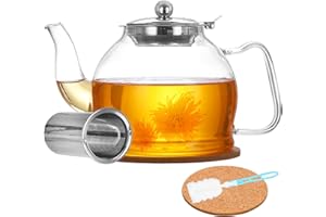 AODIGEGE Glass Teapot, 1200ml Tea Pot Teapot with Infuser, Cork Coasters, Bottle Cleaning Brush, Borosilicate Glass Teapot for Stovetop Safe, Glass Teapot for Blooming Tea, Loose Tea, Flowering Tea