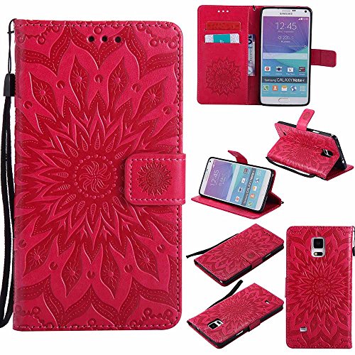 Galaxy Note 4 Hülle, Dfly Premium Slim PU Leder Mandala Blume prägung Muster Flip Hülle Bookstyle Stand Slot Schutzhülle Tasche Wallet Case für Samsung Galaxy Note 4, Rot