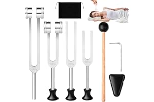CARASTEK Diapasón, Diapasones Terapéuticos de Aleación de Aluminio(128Hz/256Hz/512Hz/1024Hz) Diapason Musical con Martillo de Silicona y Herramienta de Reparación para Sonido Curación ADN RelajacióN