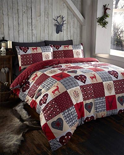 Thru The Lens Stag Red Hearts Super King Quilt Duvet Cover and 2 Pillowcase Bedding Bed Set Patchwork