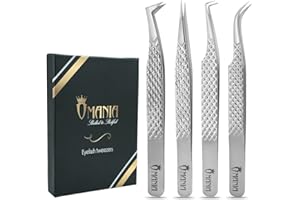OMANIA Eyelash Extension Tweezers Set – 4-Piece Professional Japanese Steel Lash Tweezers for Volume & Classic Lashes, Handmade Non-Slip Grip for Precise Isolation, Salon & Home Use