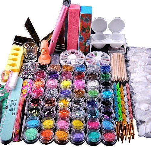 Fashion Gallery Full 48 Pot Acrylic Nail Art Powder Glitter UV Gel Clipper Brush Tips Set