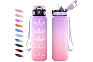 KOLLYKOLLA Borraccia 1L, Bottiglia Motivazionale con Cannuccia, a Prova di Perdite, Facile Pulizia, Bottiglia Acqua con Indicatore del Tempo, Sportiva Bottiglia per Adulto, Campeggio, Ufficio, Lavoro, Gym