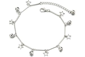 COOLSTEELANDBEYOND Mujer Tobillera con Colgantes Charms de Abierto Pentagrama Estrella y Cascabel, Ajustable