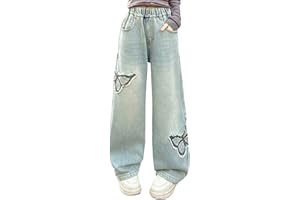 KQIVAM Baggy Jeans Mädchen Weites Bein Jeanshose mit Gummizug Wide Leg Outdoorhose Breite Hose High Waist Freizeithose Pants Girls Mode Hosen für Kinder Frühling Sommer 3-15 Jahre