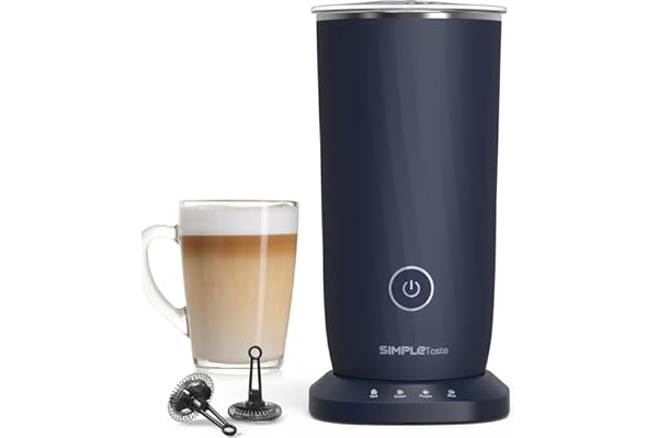 SIMPLETASTE Mousseur à Lait Électrique 4-en-1 Mousse Chaude & Froide Chauffage du Lait & Cacao Revêtement Antiadhésif Arrêt Automatique Silencieux pour Cappuccino & Latte Bleu Foncé