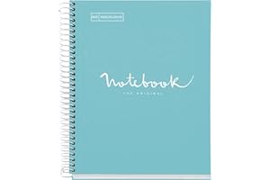 Miquelrius - Taccuino A5 Emozioni, 120 Fogli 90 g/m², Griglia 5 X 5 mm, 5 Strisce Colorate, Spirale Microperforata, Copertina Rigida, 2 Fori, Colore Blu Cielo