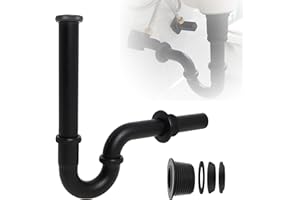GEKUFA Sifone per lavabo, colore nero, extra lungo, 200 mm, universale, sifone da bagno, 1 1/4", in ottone massiccio, tubo di scarico sifone con manicotto in gomma (nero opaco)