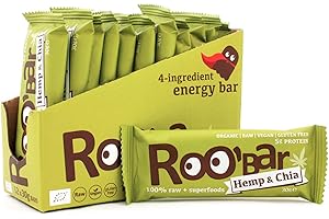Roobar Barrita De Proteína De Cáñamo - Sin Lácteos Ni Gluten. 100% Orgánico, Vegano, Crudo Con Superalimentos Para Una Nutrición Óptima. Sin Azúcar Refinada Añadida-12 Barras Crudas De 30g