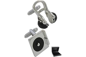 COLLAR AND CUFFS LONDON Gemelos Camisa Hombre Música - con Caja - Gemelos para Camisas - Placa Giratoria para DJ y Auriculares - Latón - Color Plata y Negro - Un Par