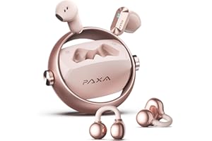 PAXA 2-in-1 Doppel-Set Clip On Kopfhörer Open Ear Kopfhörer Bluetooth 6.0 0ms Verzögerung, 140H Spielzeit, Auto L/R-Erkennung, Hybrid Noise Cancelling für Arbeit/Sport/Tag,Roségold
