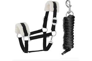 JA Horse Licol en fourrure synthétique - Kit de longe avec mousqueton réglable - Licol de cheval en bois - Corde de fixation (mousqueton en fourrure synthétique, noir, cob)