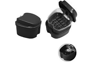 Rynvarl - Caja de almacenamiento para prótesis dentales (2 piezas, caja de almacenamiento con filtro para dientes, caja de baño de limpieza, caja de aparatos ortopédicos negra (9,5 x 9,3 x 6,8 cm)
