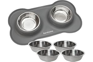 KaraLuna Tapis pour gamelle en Silicone KaraLuna avec gamelles en Acier Inoxydable I Gamelle pour Chats Gamelles pour Petits Chiens Lot de gamelles pour Chat (200ml, Gris)