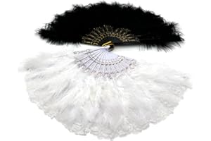 Jingsen 2-Pack Lace Feather Folding Fan - Artificial Feathers Hand Fan for Cheongsam Show, Wedding, Halloween & Christmas Party Props, Chinese Style Classical Dance Fan (Black+White)