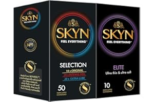 ‎SKYN SKYN Selection Sortenbox Set Kondome (50 Stück) & Elite Kondome (10 Stück) | Vielfalt Packet mit 10 Original, 20 Intense Feel & 20 Extra Lube Kondome, Dünne Kondome, verwendbar mit unsere Lubes