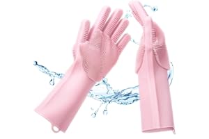 KEENWO Premium Silikon Reinigungs Handschuhe mit Bürste zum Geschirr spülen (Rosa) - Noppen Oberfläche zur optimalen Reinigung von Geschirr und Küchengeräten