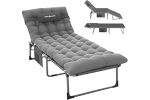 UDPATIO Padded Sun Lounger with Cushion,Foldable Camp Bed With Adjustable Backrest Headrest,Oversize Garden Lounge Chair With Side Pockets Grey