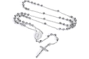 FaithHeart Collar Rosario Hombre Mujer Acero Inoxidable 316L Medalla San Miguel/Benito/Cristóbal/María con Cruz Jesucristo Joyería Religiosa para Rezo