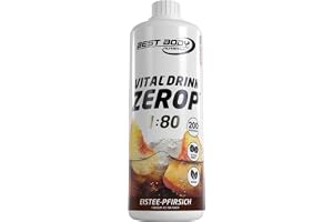 Best Body Nutrition Vital Drink ZEROP® – Iced Tea Peach Syrup Sugar-Free – 1 L – 1:80 Makes 80 Litres of Ready Drink – Drink Concentrate with Fruit Juice – Flavour for Water with Vitamins