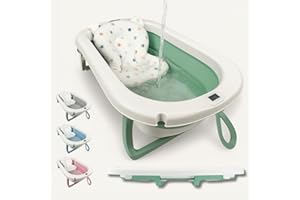 JOWY Bañera Bebé Plegable Portatil con Termómetro Integrado, Diseño Ergonómico, Cojín Antideslizante y Tapa de Seguridad (Verde pastel)