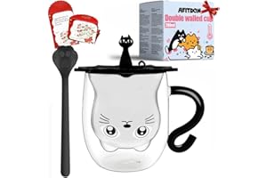 Afitdon Taza de Café de Doble Pared, Taza de Café de Doble Pared con Gato de 280 ml con Cuchara, Taza de café de Gato con Capacidad para Latte Macchiato, Taza de Capuchino, Regalos para amigos