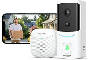INFIYA Sonnette vidéo sans fil, sonnette intelligente 2K avec carillon intérieur, batterie de sécurité extérieure, audio bidirectionnel, détection PIR, alerte en temps réel, IP65, vision nocturne